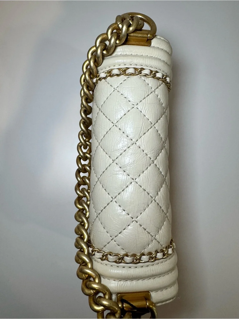 Chanel Small Chain Around Boy Bag W Cream Quilted Aged Calfskin & Gold Hardware